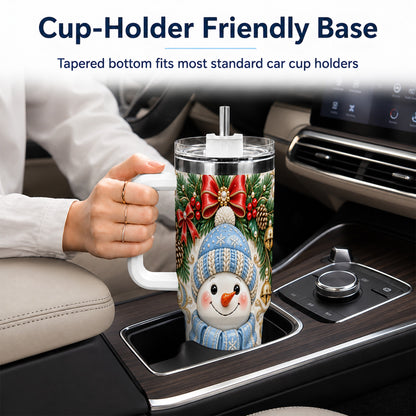 #pl[40oz|White] Blue Knit Snowman 40oz Tumbler with Handle, Winter Steel Travel Cup