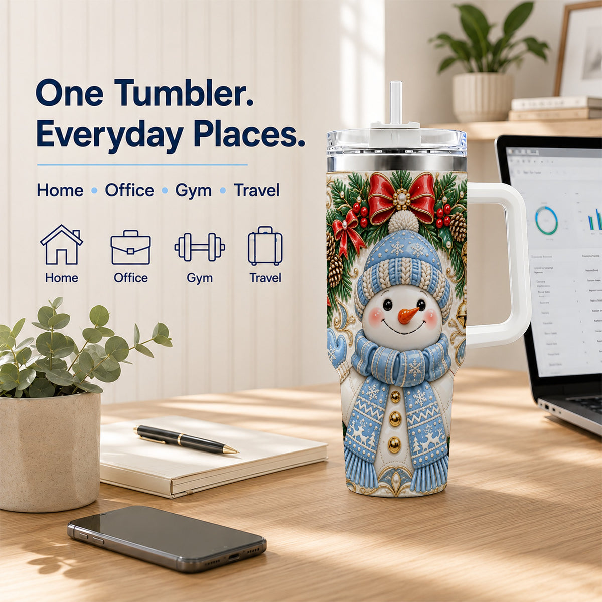 #pl[40oz|White] Blue Knit Snowman 40oz Tumbler with Handle, Winter Steel Travel Cup