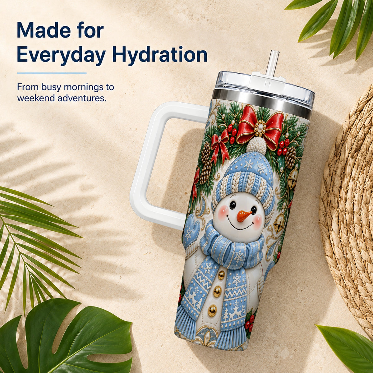 #pl[40oz|White] Blue Knit Snowman 40oz Tumbler with Handle, Winter Steel Travel Cup