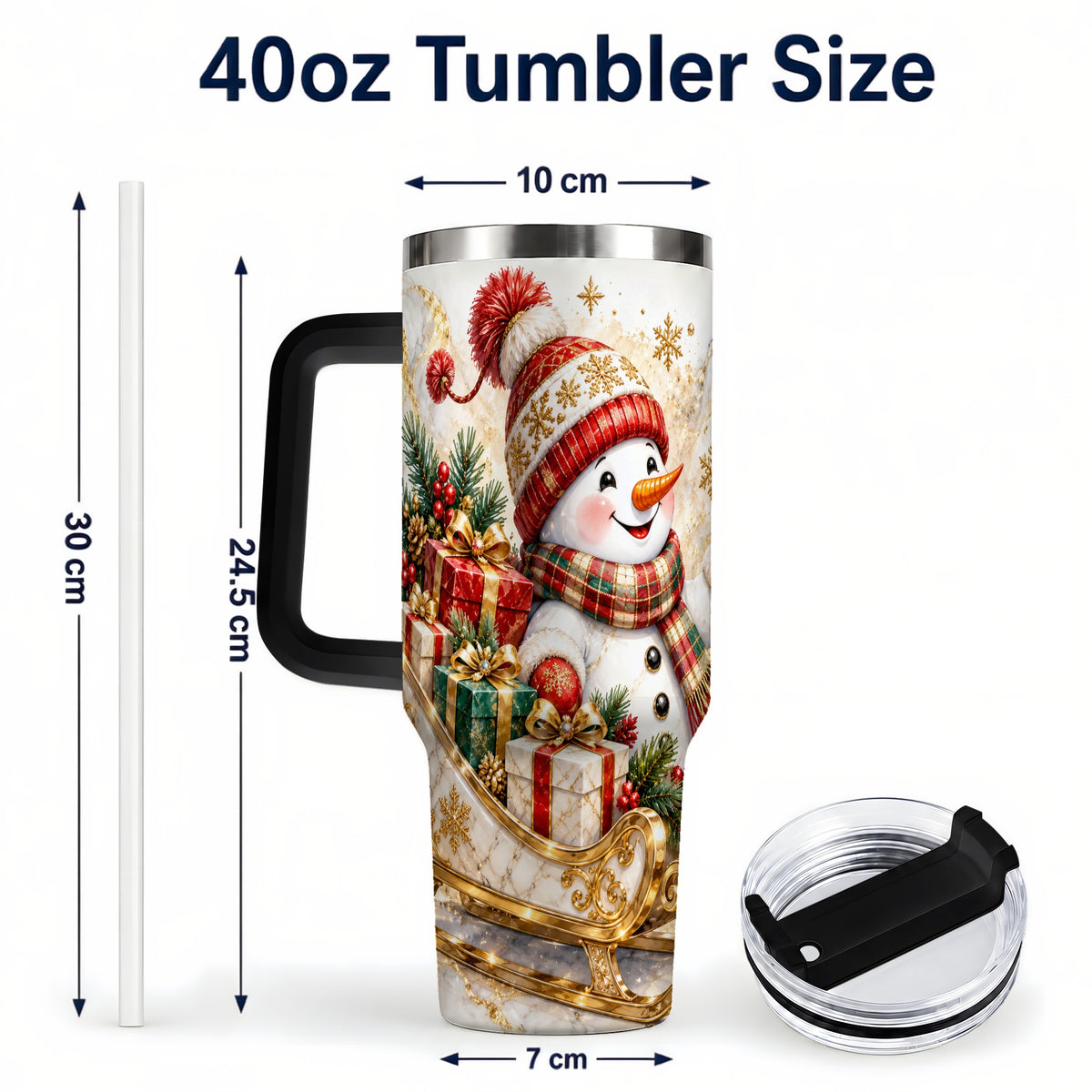 #pl[40oz|Black] Snowman Sleigh 40oz Tumbler with Handle, Holiday Stainless Steel Travel Cup
