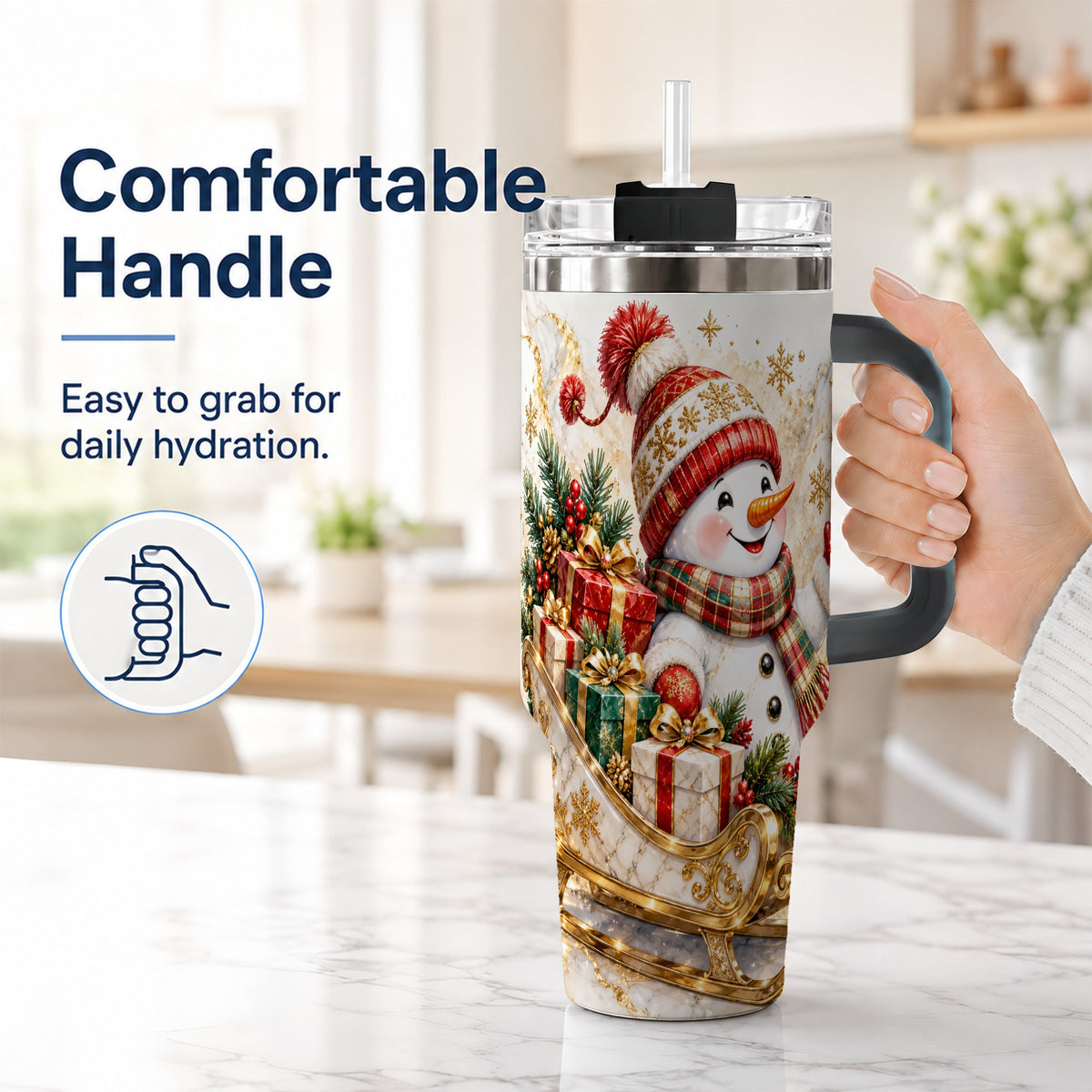 #pl[40oz|Black] Snowman Sleigh 40oz Tumbler with Handle, Holiday Stainless Steel Travel Cup