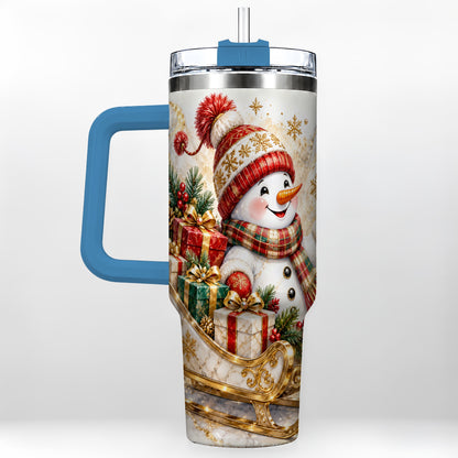 #pl[40oz|Blue] Snowman Sleigh 40oz Tumbler with Handle, Holiday Stainless Steel Travel Cup