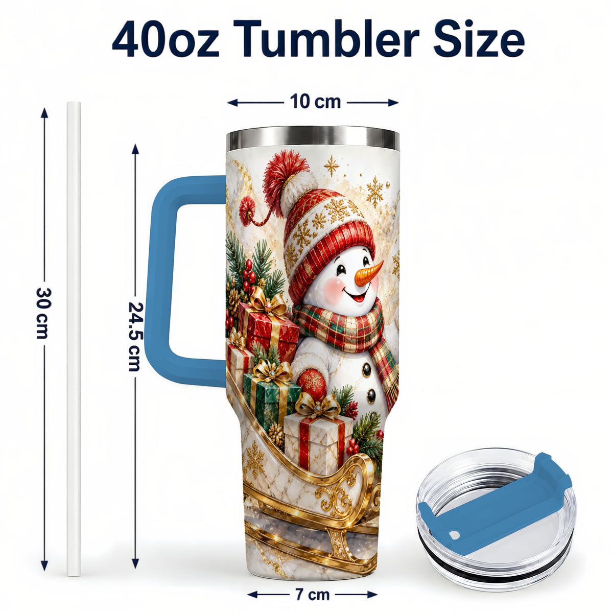 #pl[40oz|Blue] Snowman Sleigh 40oz Tumbler with Handle, Holiday Stainless Steel Travel Cup
