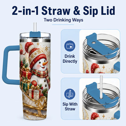 #pl[40oz|Blue] Snowman Sleigh 40oz Tumbler with Handle, Holiday Stainless Steel Travel Cup
