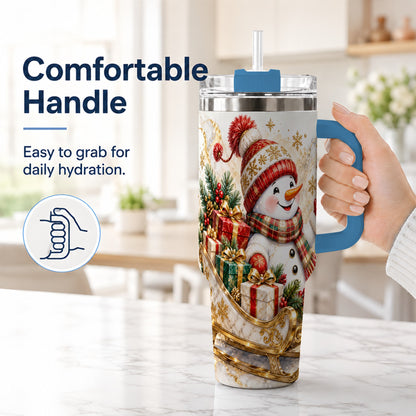 #pl[40oz|Blue] Snowman Sleigh 40oz Tumbler with Handle, Holiday Stainless Steel Travel Cup