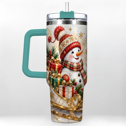 #pl[40oz|Green] Snowman Sleigh 40oz Tumbler with Handle, Holiday Stainless Steel Travel Cup