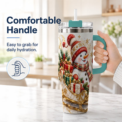 #pl[40oz|Green] Snowman Sleigh 40oz Tumbler with Handle, Holiday Stainless Steel Travel Cup