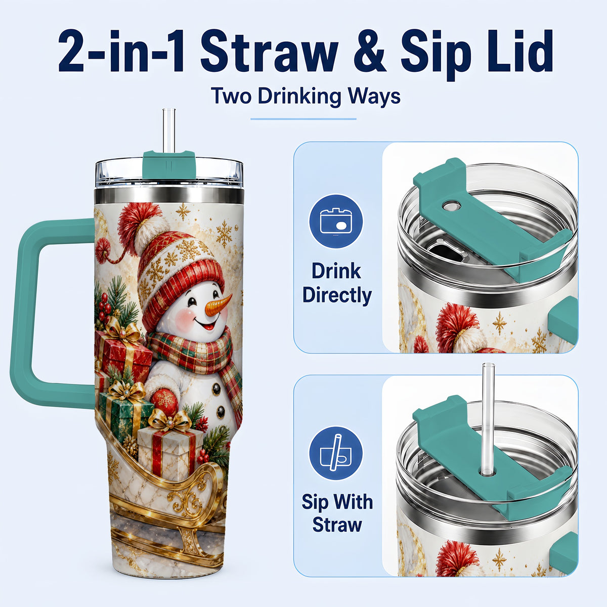 #pl[40oz|Green] Snowman Sleigh 40oz Tumbler with Handle, Holiday Stainless Steel Travel Cup