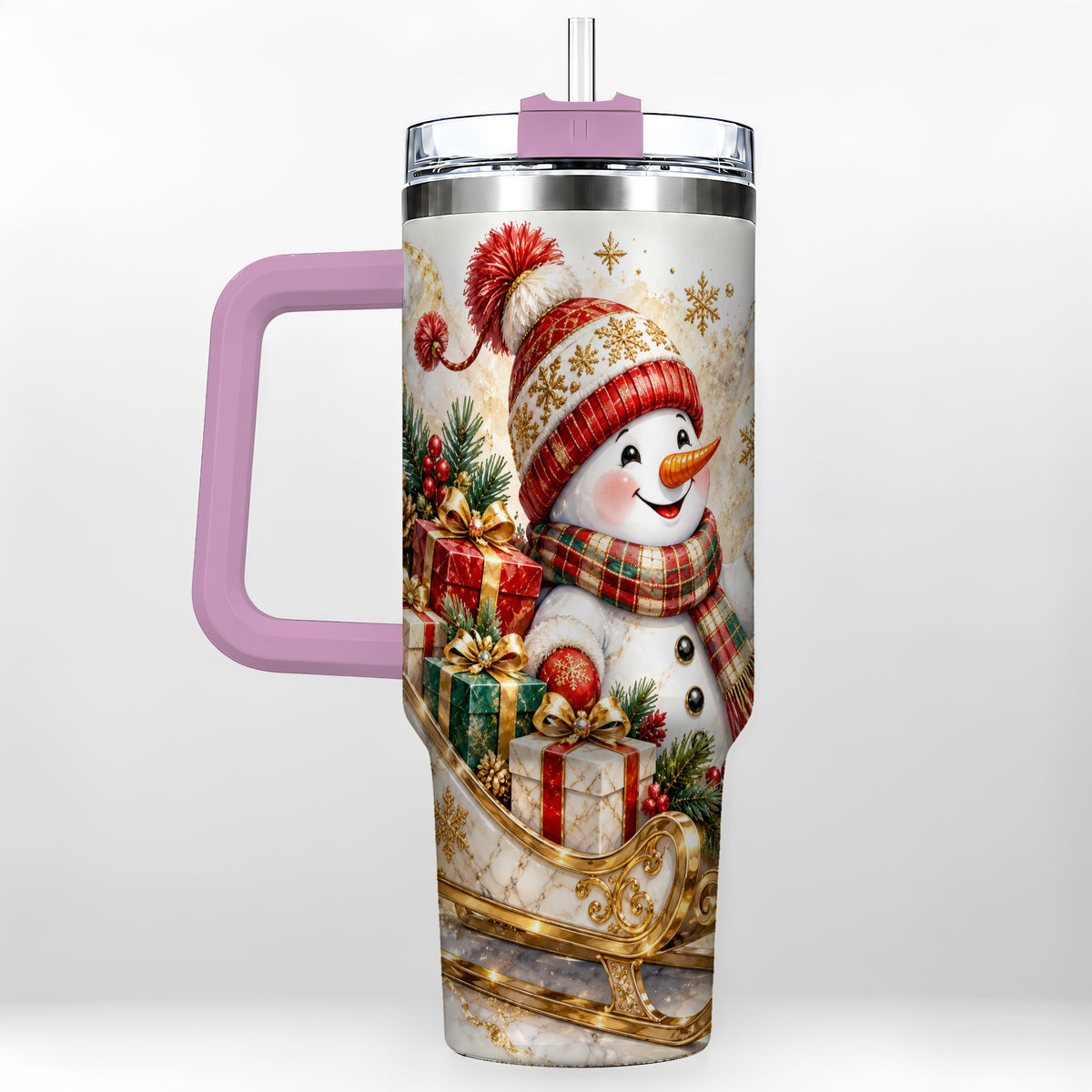 #pl[40oz|Pink] Snowman Sleigh 40oz Tumbler with Handle, Holiday Stainless Steel Travel Cup