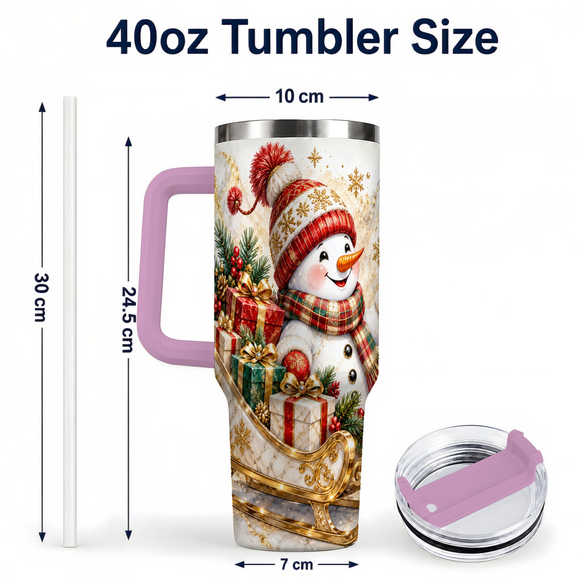 #pl[40oz|Pink] Snowman Sleigh 40oz Tumbler with Handle, Holiday Stainless Steel Travel Cup