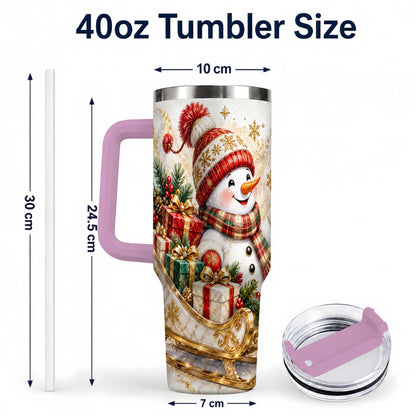 #pl[40oz|Pink] Snowman Sleigh 40oz Tumbler with Handle, Holiday Stainless Steel Travel Cup