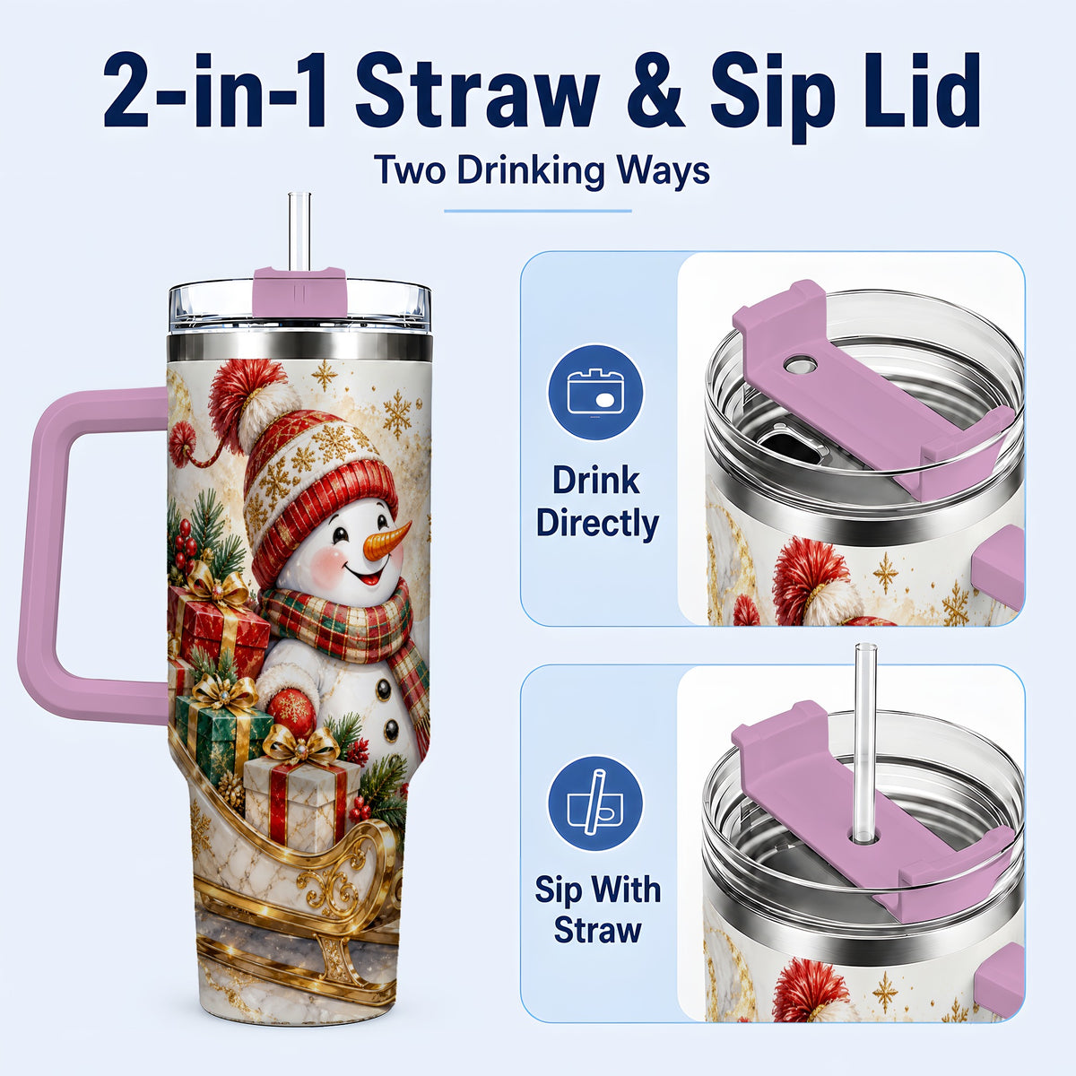 #pl[40oz|Pink] Snowman Sleigh 40oz Tumbler with Handle, Holiday Stainless Steel Travel Cup
