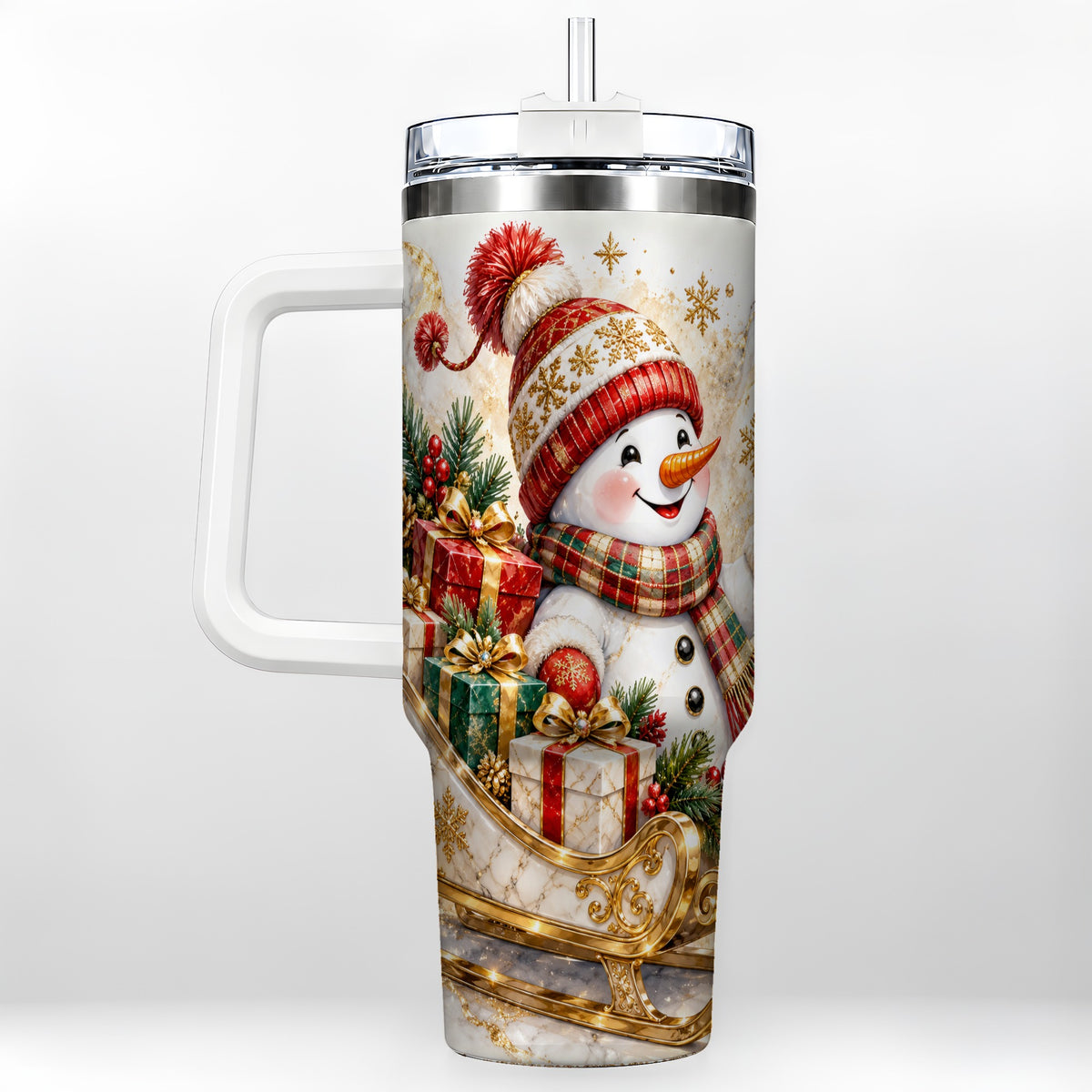 Snowman Sleigh 40oz Tumbler with Handle, Holiday Stainless Steel Travel Cup