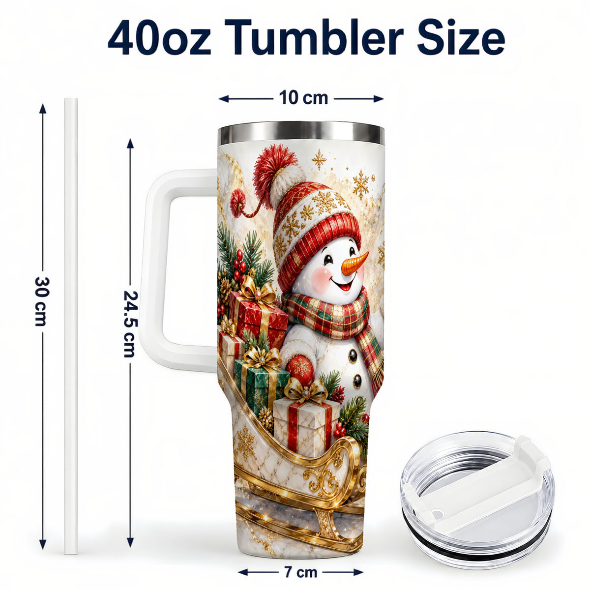 #pl[40oz|White] Snowman Sleigh 40oz Tumbler with Handle, Holiday Stainless Steel Travel Cup