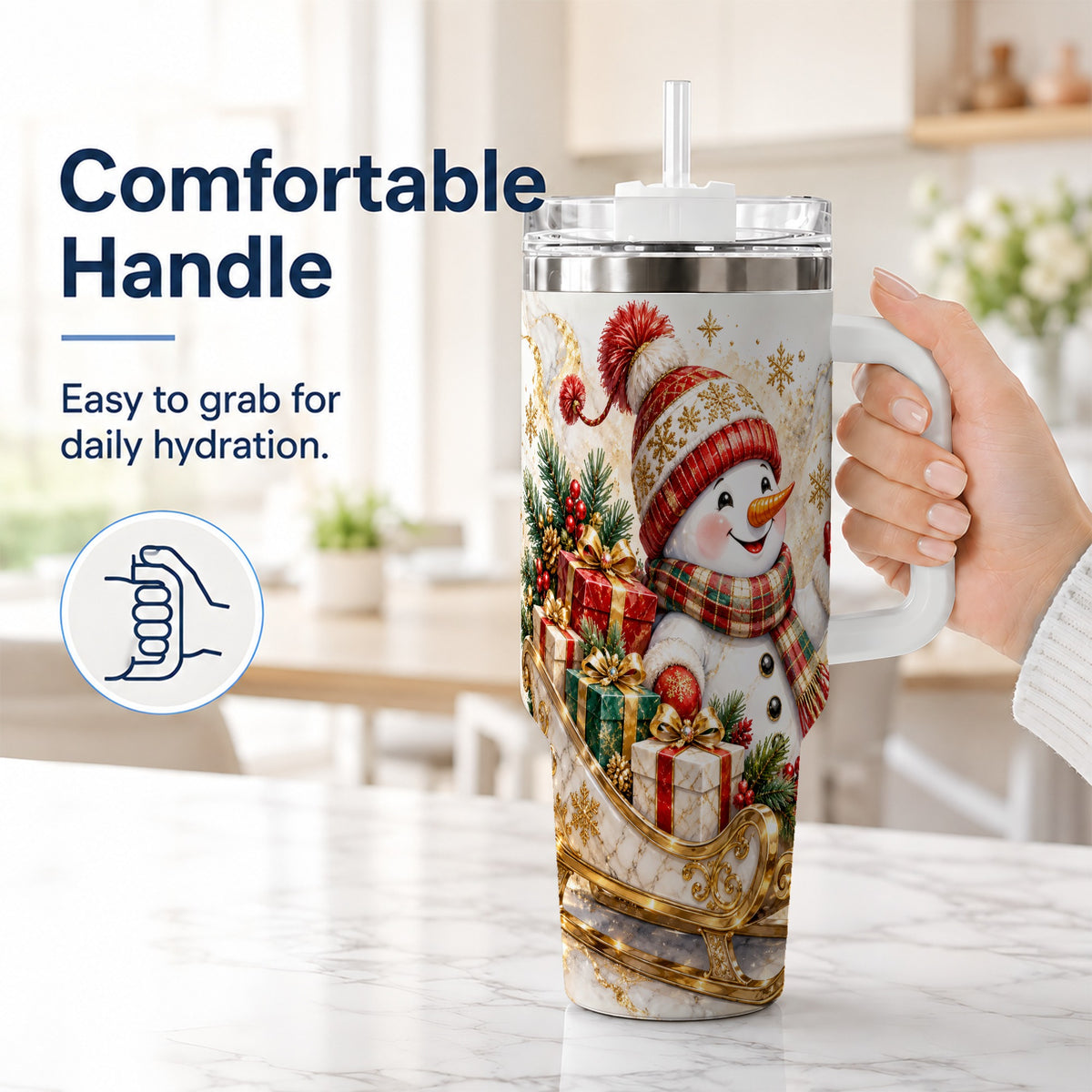 #pl[40oz|White] Snowman Sleigh 40oz Tumbler with Handle, Holiday Stainless Steel Travel Cup