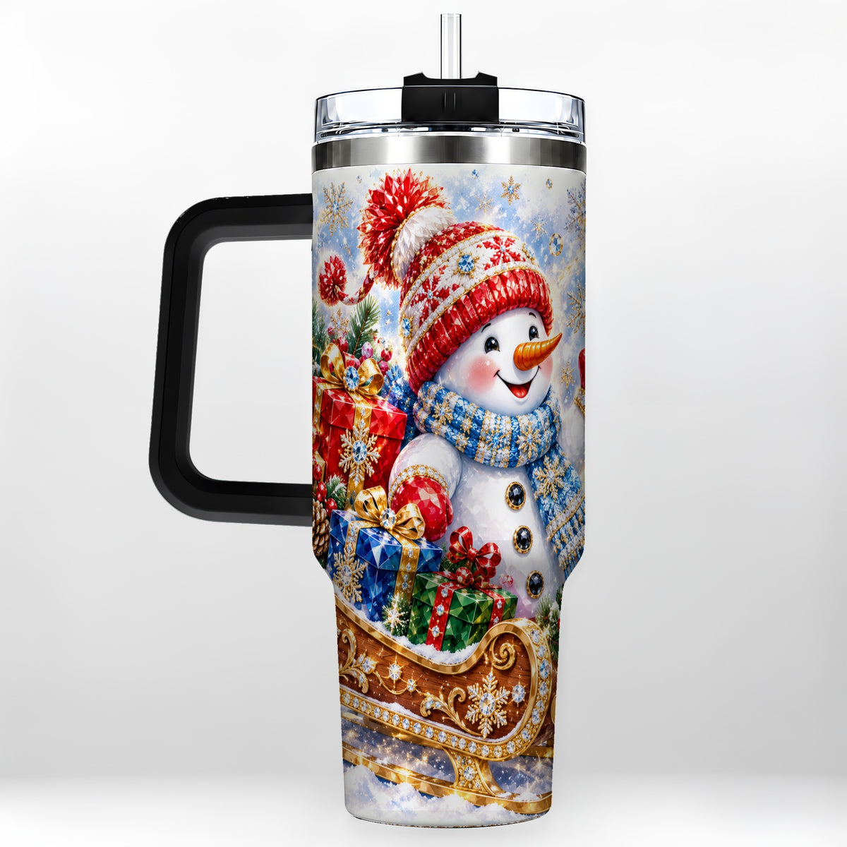 #pl[40oz|Black] Snowman Sleigh 40oz Tumbler with Handle, Winter Stainless Steel Travel Cup
