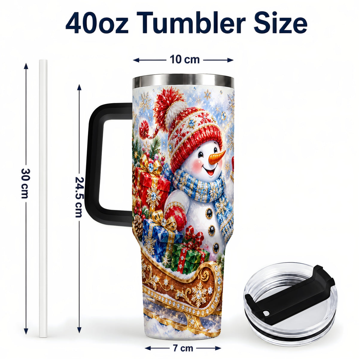 #pl[40oz|Black] Snowman Sleigh 40oz Tumbler with Handle, Winter Stainless Steel Travel Cup