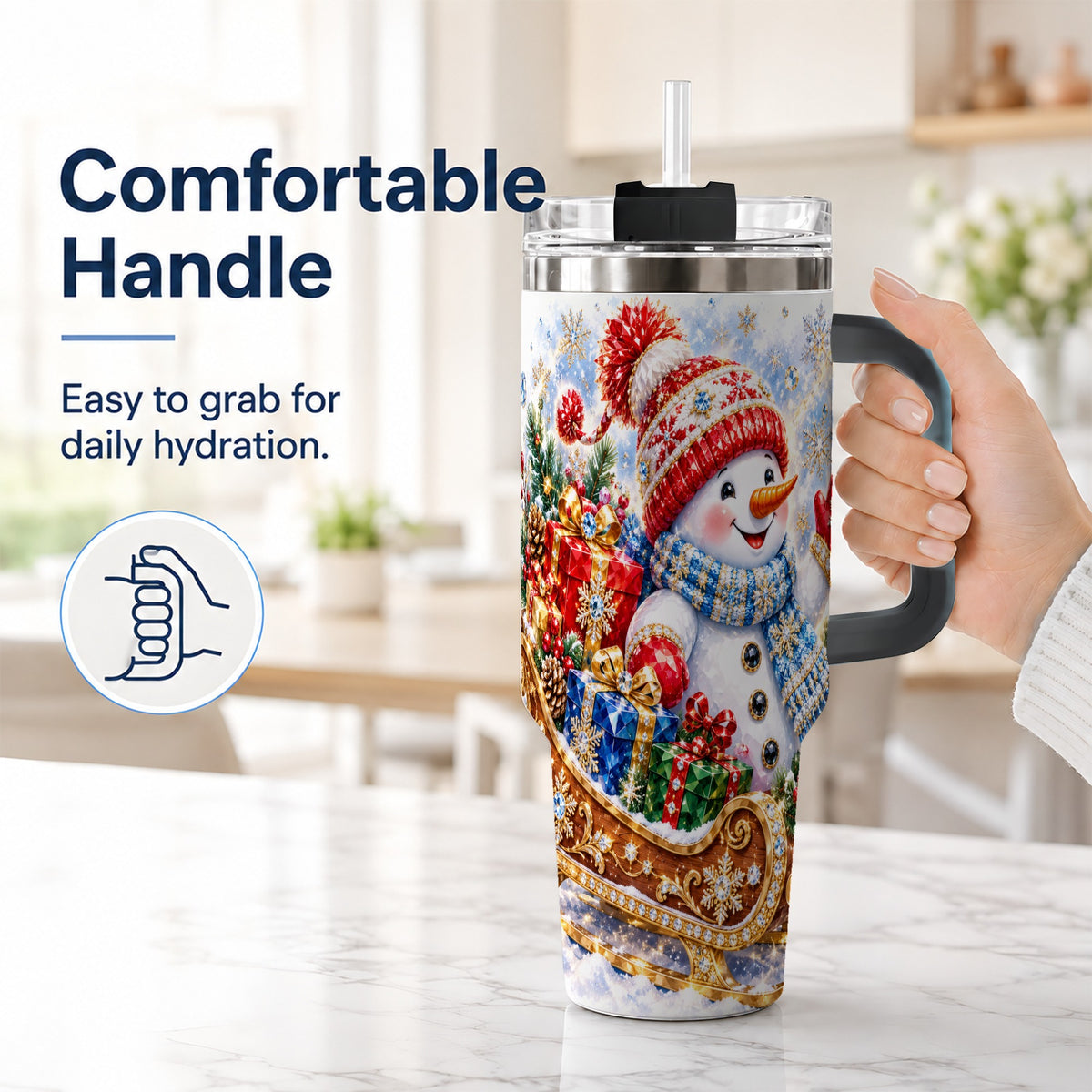#pl[40oz|Black] Snowman Sleigh 40oz Tumbler with Handle, Winter Stainless Steel Travel Cup