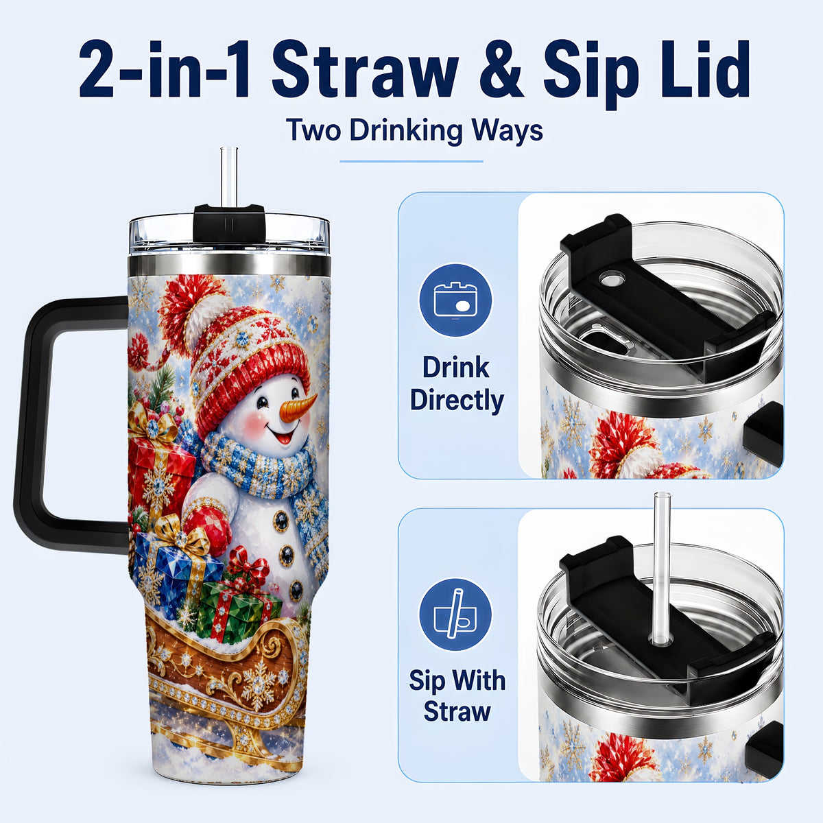 #pl[40oz|Black] Snowman Sleigh 40oz Tumbler with Handle, Winter Stainless Steel Travel Cup