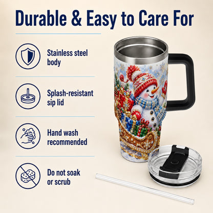 #pl[40oz|Black] Snowman Sleigh 40oz Tumbler with Handle, Winter Stainless Steel Travel Cup