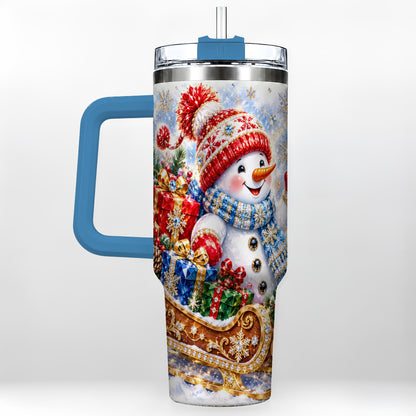 #pl[40oz|Blue] Snowman Sleigh 40oz Tumbler with Handle, Winter Stainless Steel Travel Cup