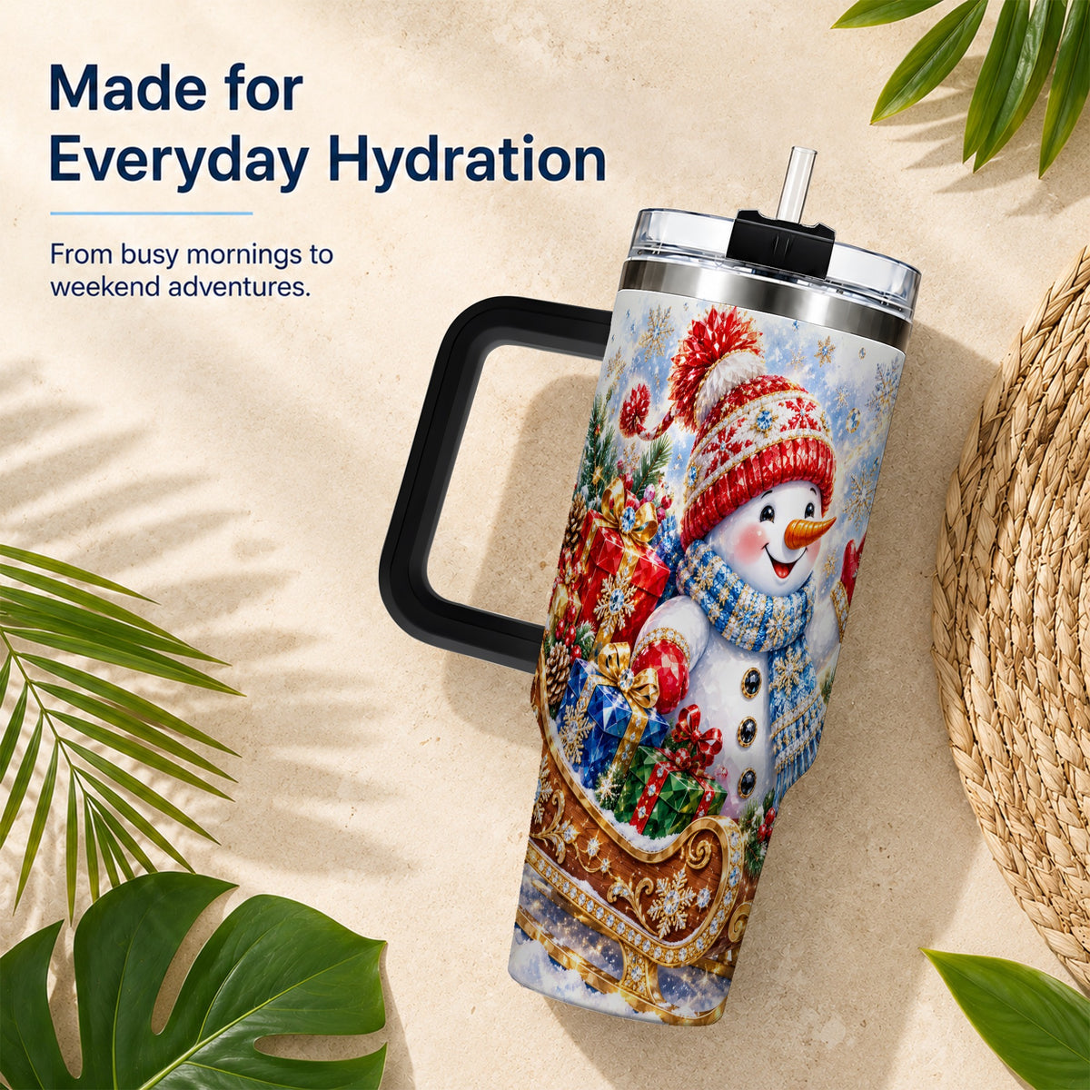 #pl[40oz|Black] Snowman Sleigh 40oz Tumbler with Handle, Winter Stainless Steel Travel Cup