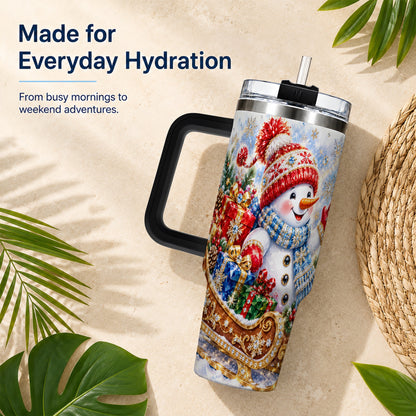 #pl[40oz|Black] Snowman Sleigh 40oz Tumbler with Handle, Winter Stainless Steel Travel Cup