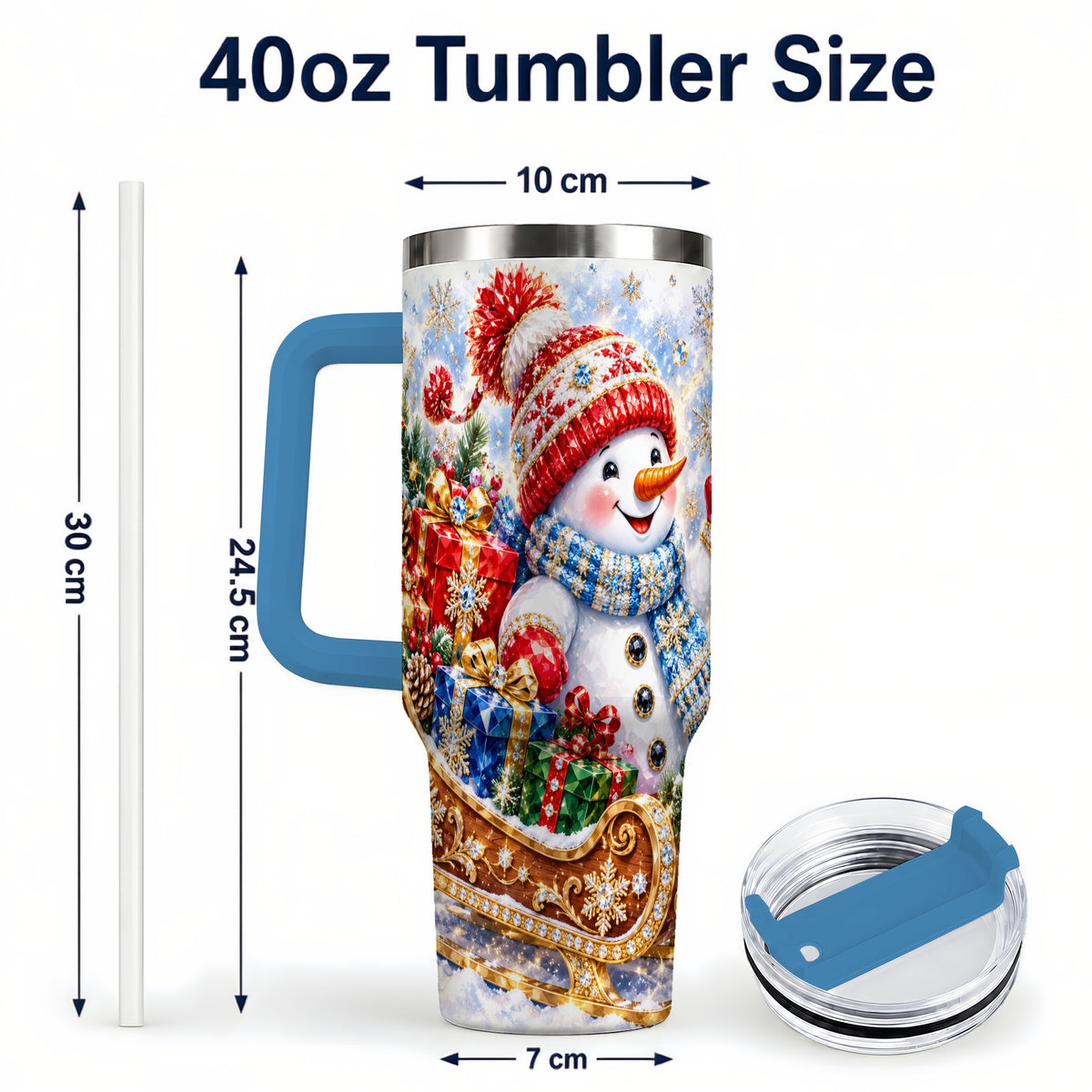 #pl[40oz|Blue] Snowman Sleigh 40oz Tumbler with Handle, Winter Stainless Steel Travel Cup