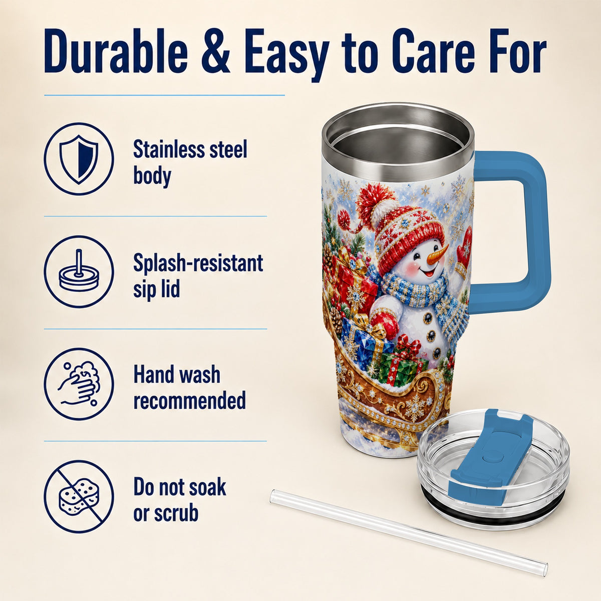 #pl[40oz|Blue] Snowman Sleigh 40oz Tumbler with Handle, Winter Stainless Steel Travel Cup