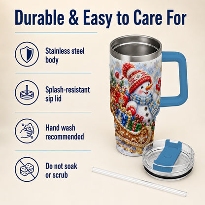 #pl[40oz|Blue] Snowman Sleigh 40oz Tumbler with Handle, Winter Stainless Steel Travel Cup