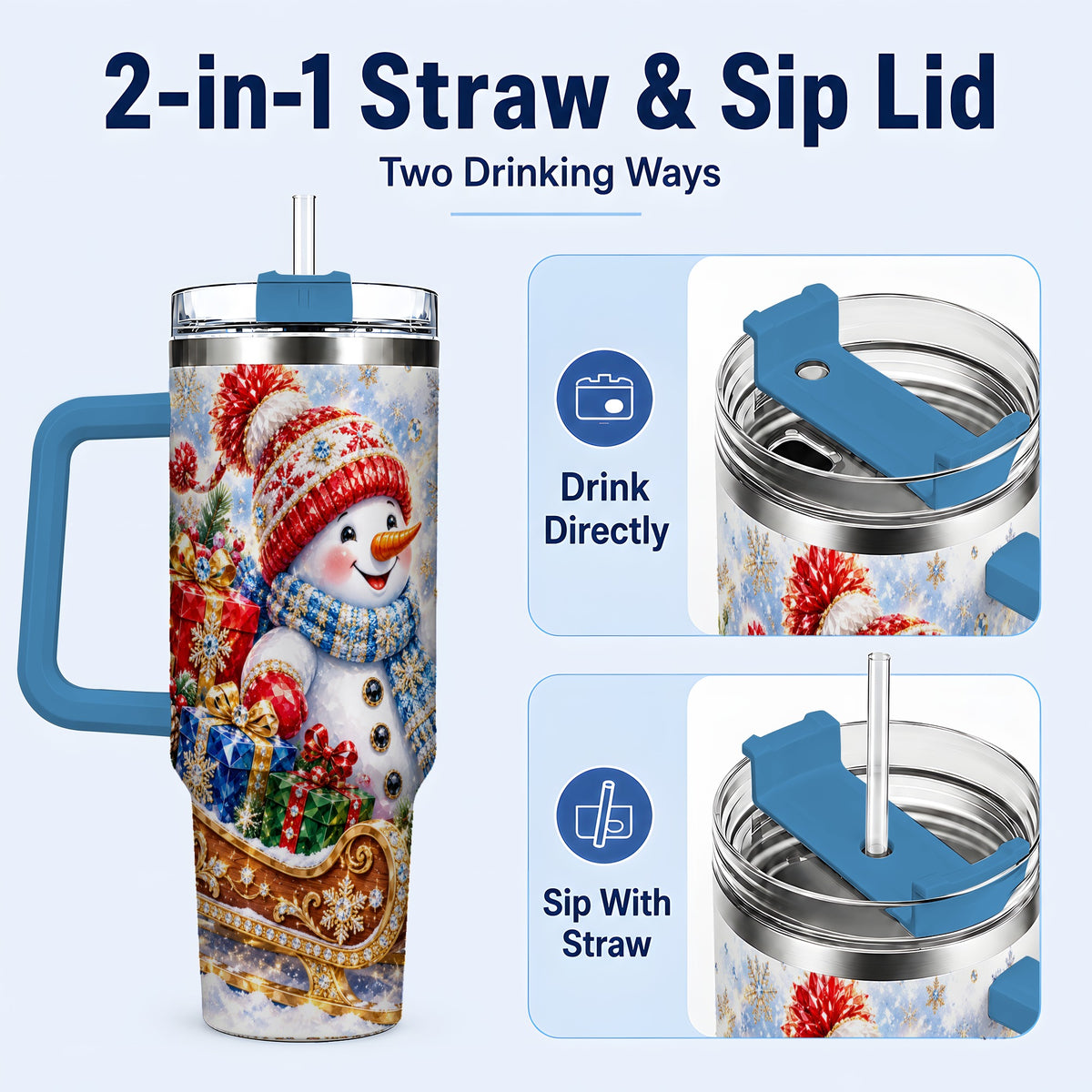#pl[40oz|Blue] Snowman Sleigh 40oz Tumbler with Handle, Winter Stainless Steel Travel Cup