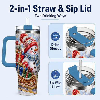 #pl[40oz|Blue] Snowman Sleigh 40oz Tumbler with Handle, Winter Stainless Steel Travel Cup