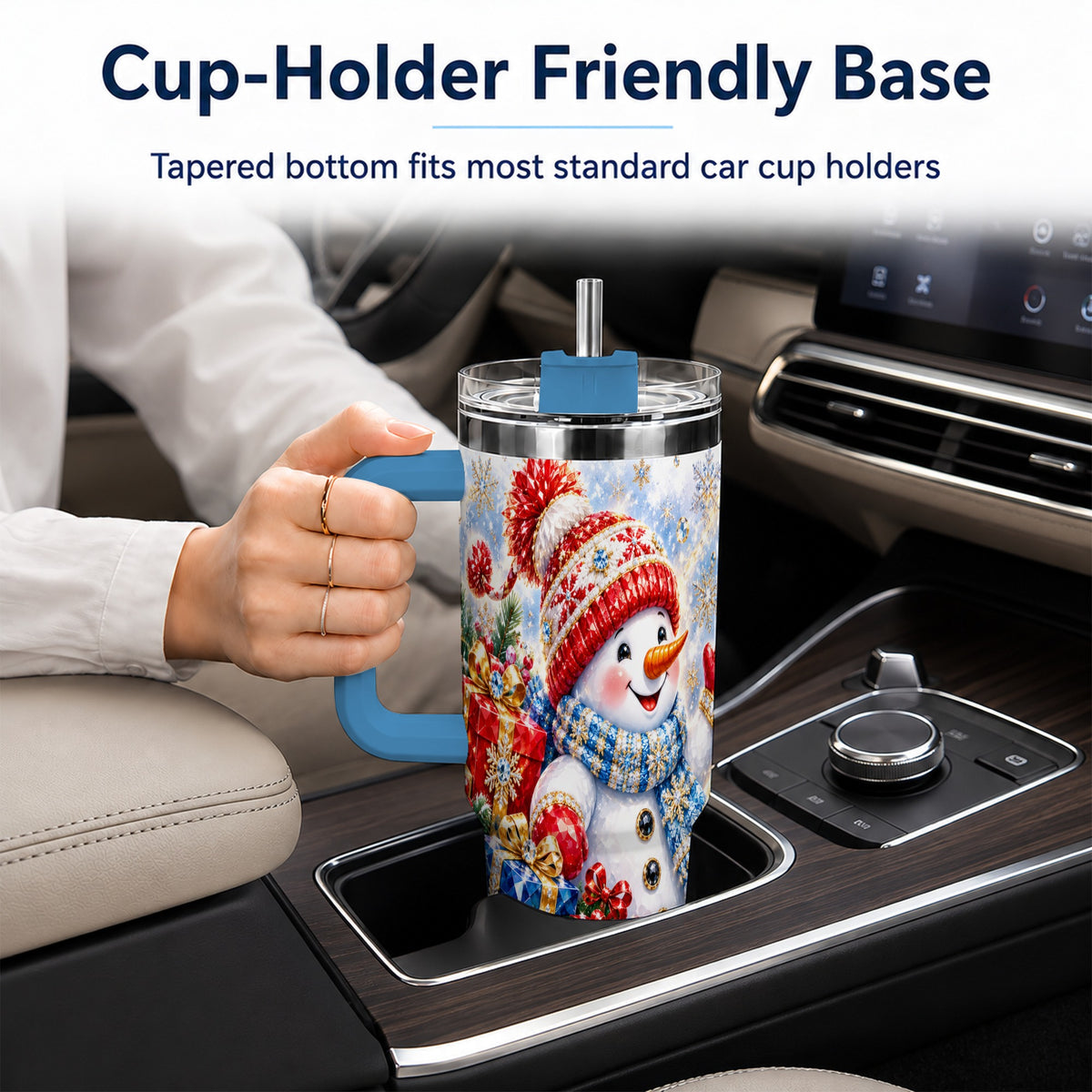 #pl[40oz|Blue] Snowman Sleigh 40oz Tumbler with Handle, Winter Stainless Steel Travel Cup