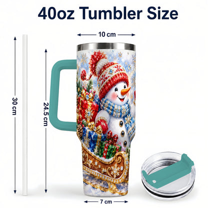#pl[40oz|Green] Snowman Sleigh 40oz Tumbler with Handle, Winter Stainless Steel Travel Cup