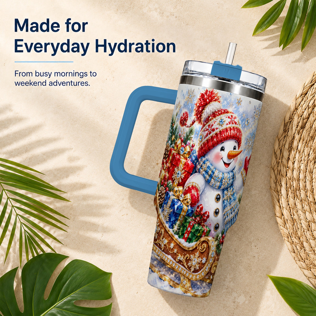 #pl[40oz|Blue] Snowman Sleigh 40oz Tumbler with Handle, Winter Stainless Steel Travel Cup