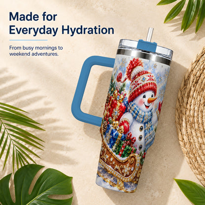 #pl[40oz|Blue] Snowman Sleigh 40oz Tumbler with Handle, Winter Stainless Steel Travel Cup