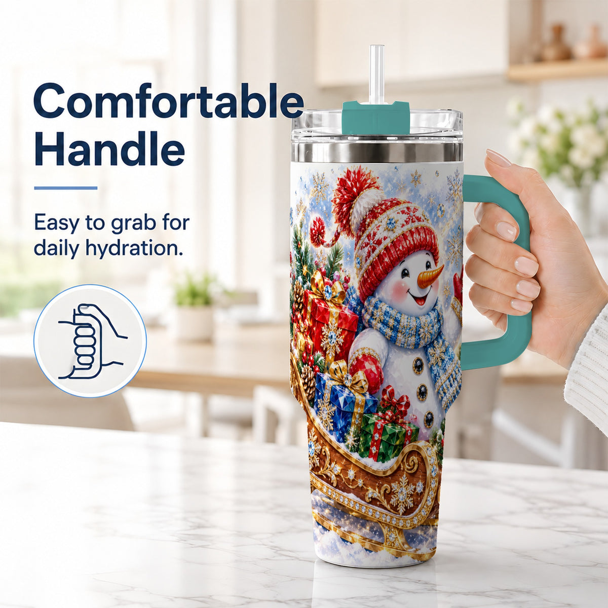 #pl[40oz|Green] Snowman Sleigh 40oz Tumbler with Handle, Winter Stainless Steel Travel Cup