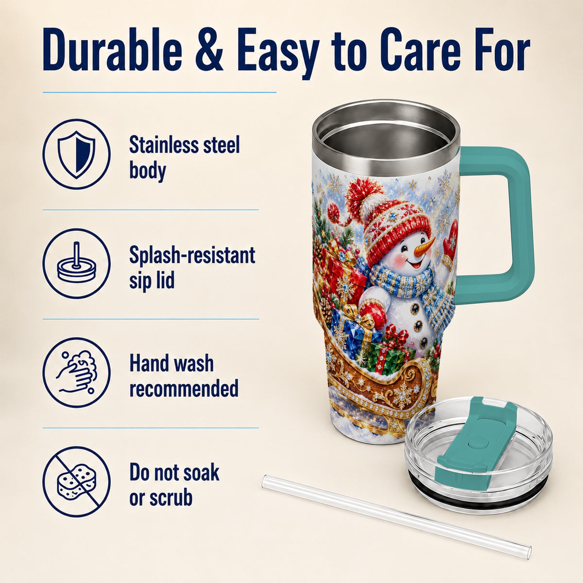 #pl[40oz|Green] Snowman Sleigh 40oz Tumbler with Handle, Winter Stainless Steel Travel Cup