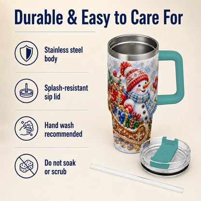 #pl[40oz|Green] Snowman Sleigh 40oz Tumbler with Handle, Winter Stainless Steel Travel Cup