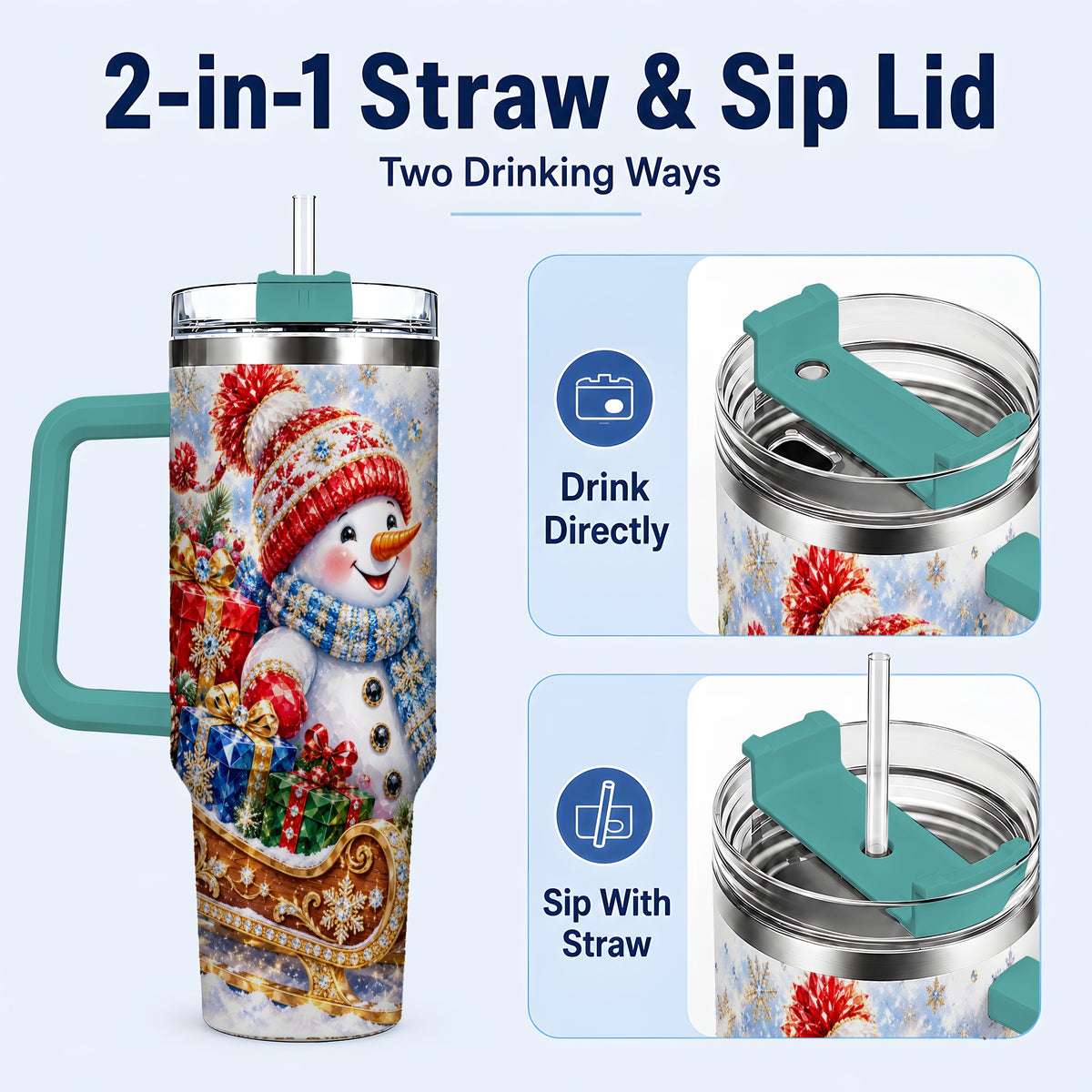 #pl[40oz|Green] Snowman Sleigh 40oz Tumbler with Handle, Winter Stainless Steel Travel Cup