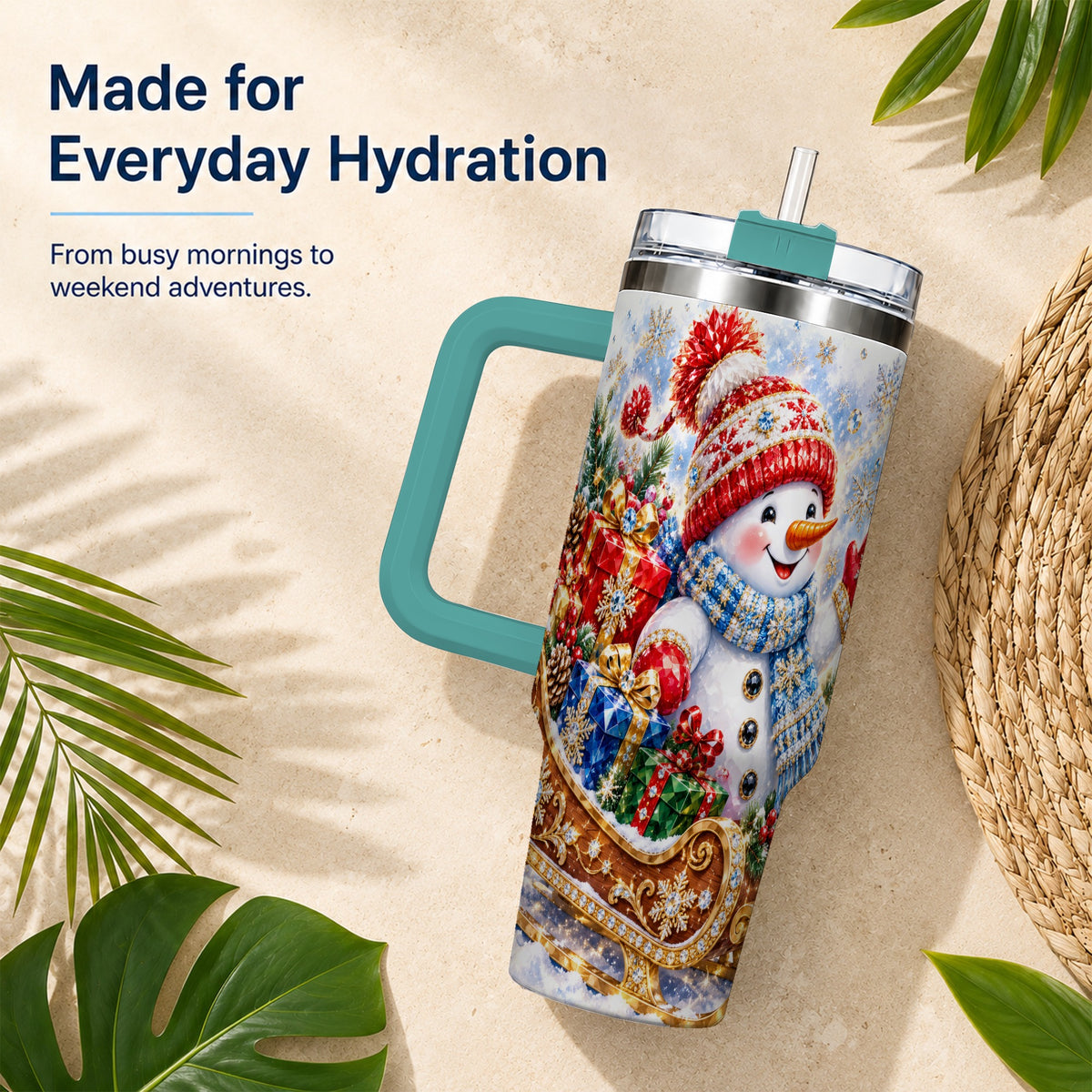 #pl[40oz|Green] Snowman Sleigh 40oz Tumbler with Handle, Winter Stainless Steel Travel Cup