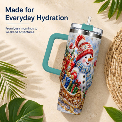 #pl[40oz|Green] Snowman Sleigh 40oz Tumbler with Handle, Winter Stainless Steel Travel Cup