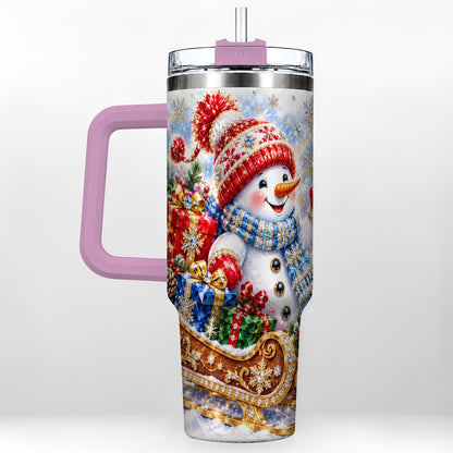 #pl[40oz|Pink] Snowman Sleigh 40oz Tumbler with Handle, Winter Stainless Steel Travel Cup