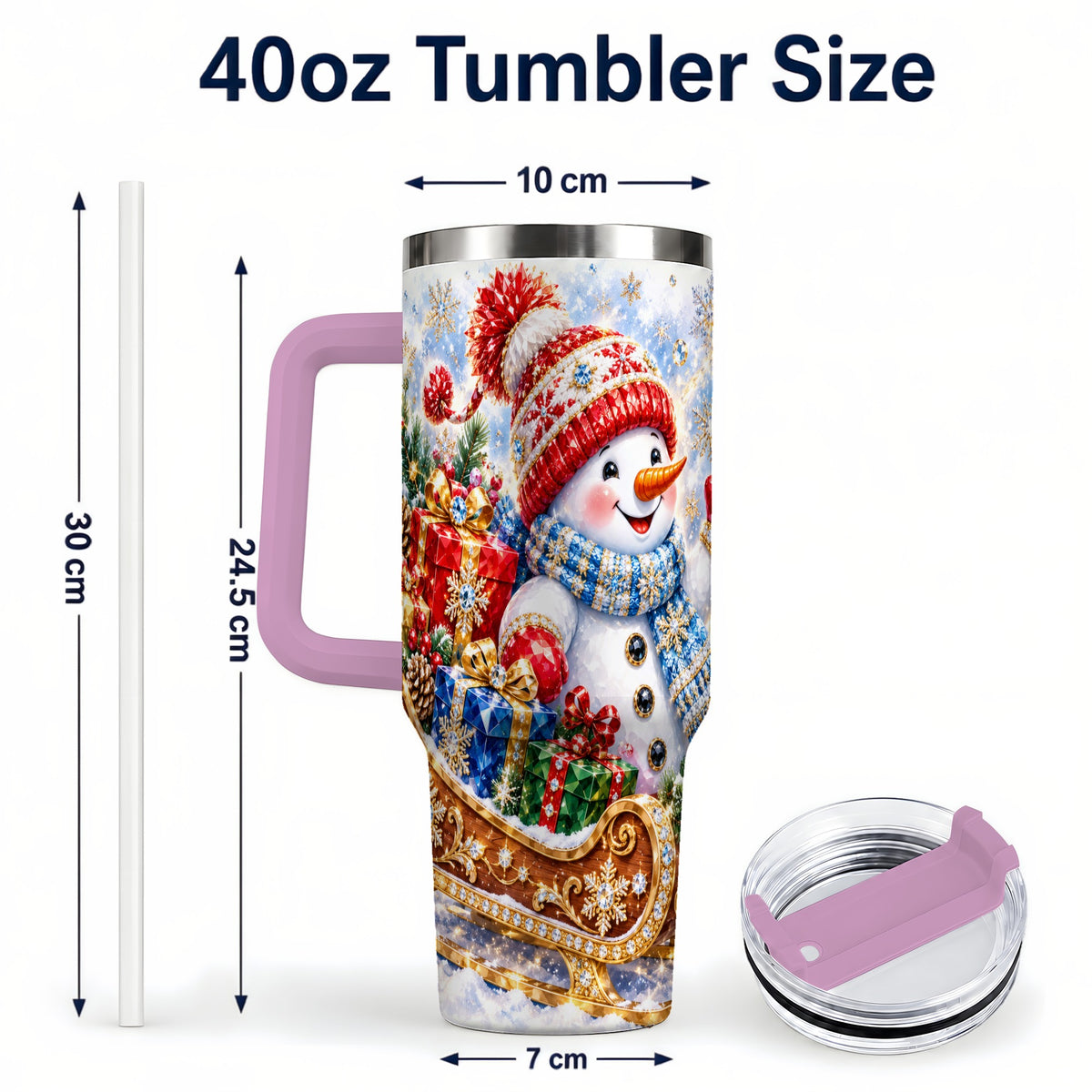 #pl[40oz|Pink] Snowman Sleigh 40oz Tumbler with Handle, Winter Stainless Steel Travel Cup