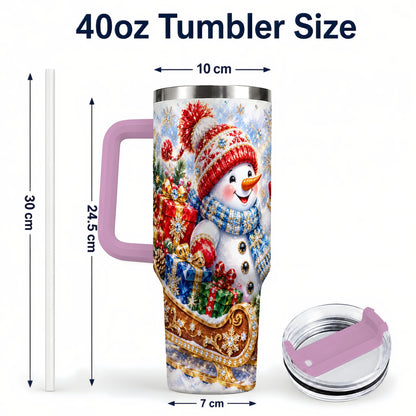 #pl[40oz|Pink] Snowman Sleigh 40oz Tumbler with Handle, Winter Stainless Steel Travel Cup