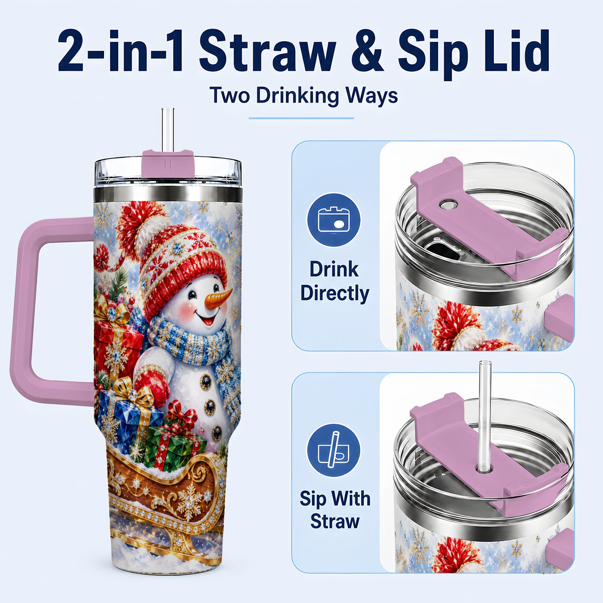 #pl[40oz|Pink] Snowman Sleigh 40oz Tumbler with Handle, Winter Stainless Steel Travel Cup