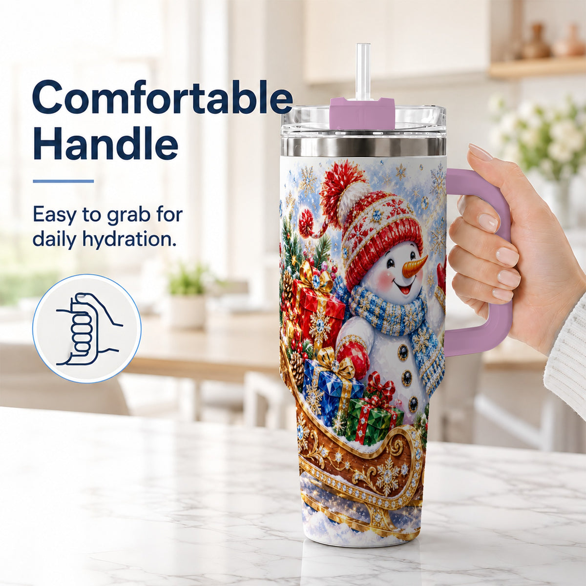 #pl[40oz|Pink] Snowman Sleigh 40oz Tumbler with Handle, Winter Stainless Steel Travel Cup