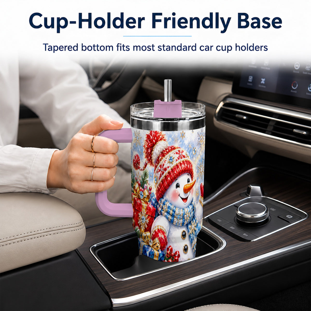 #pl[40oz|Pink] Snowman Sleigh 40oz Tumbler with Handle, Winter Stainless Steel Travel Cup
