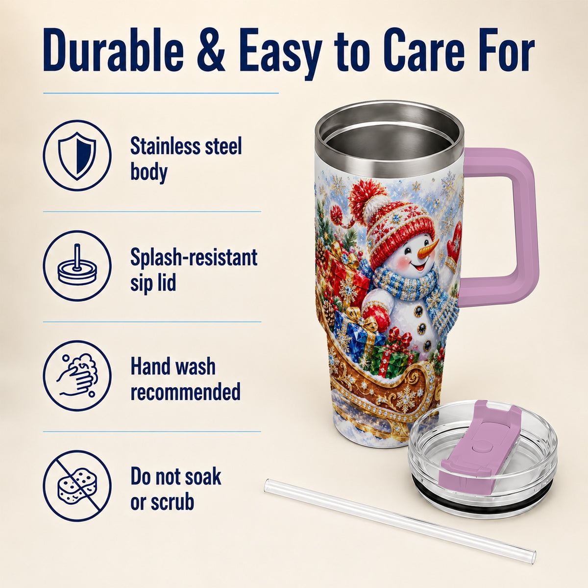 #pl[40oz|Pink] Snowman Sleigh 40oz Tumbler with Handle, Winter Stainless Steel Travel Cup