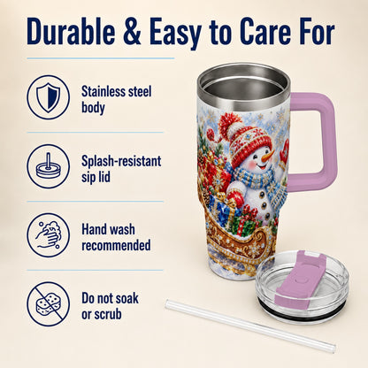 #pl[40oz|Pink] Snowman Sleigh 40oz Tumbler with Handle, Winter Stainless Steel Travel Cup
